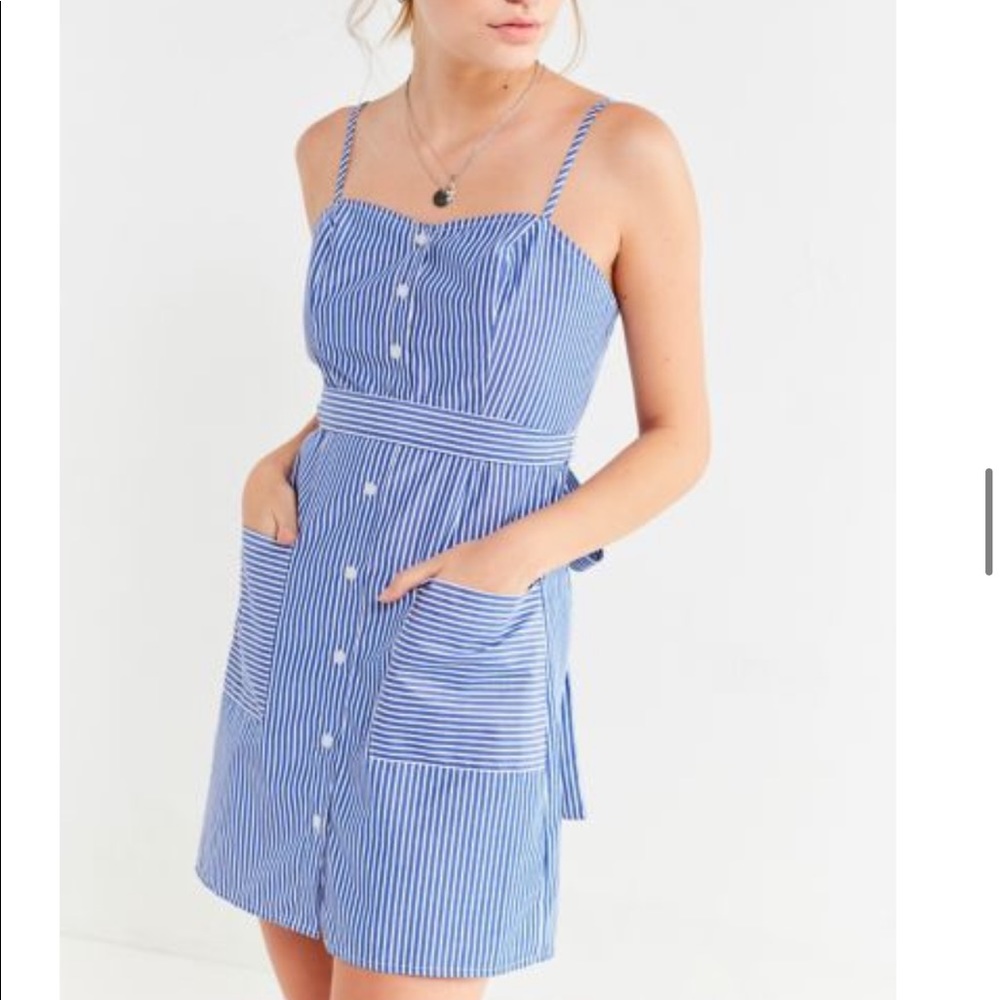 UO STRIPED TIE-BELT BUTTON DOWN DRESS